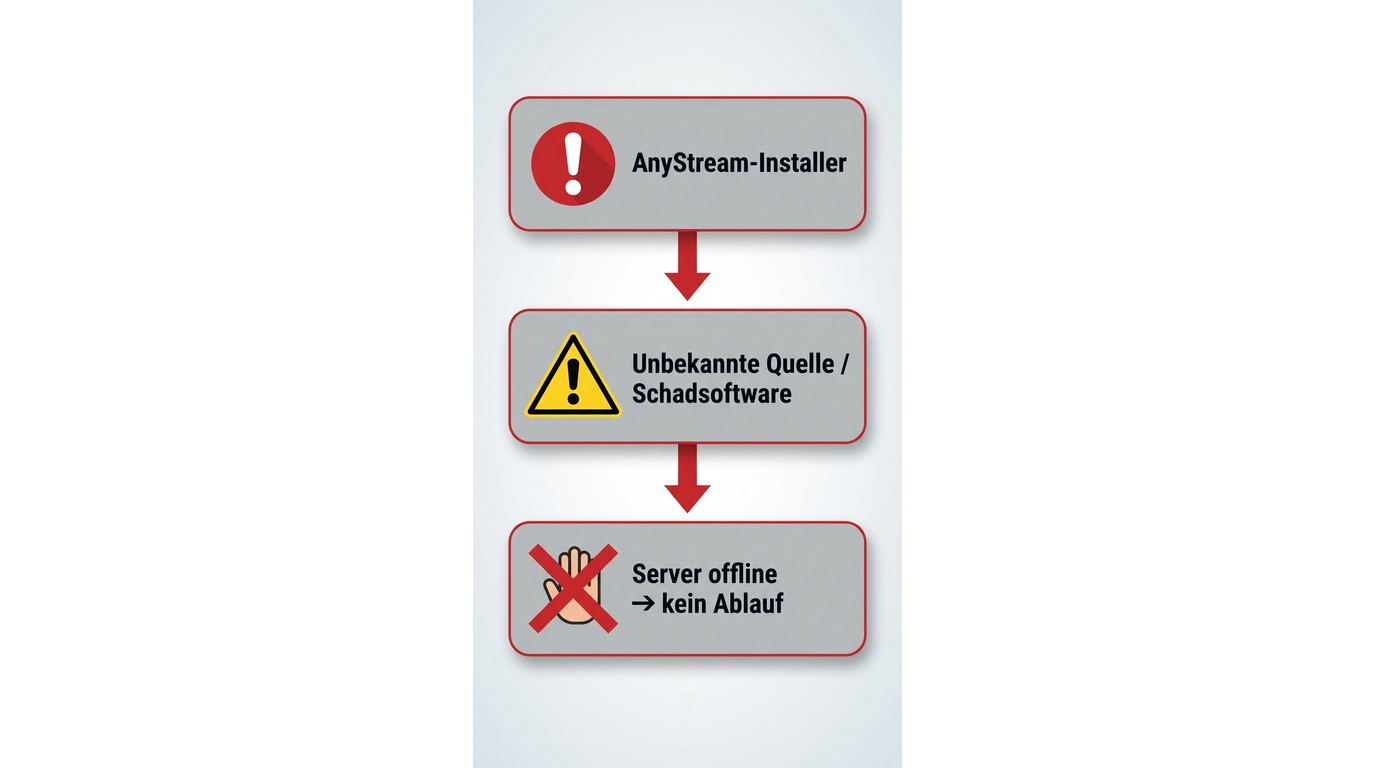 Risikokette bei inoffiziellen AnyStream-Installern: unbekannte Quelle, Schadsoftware-Gefahr, fehlend