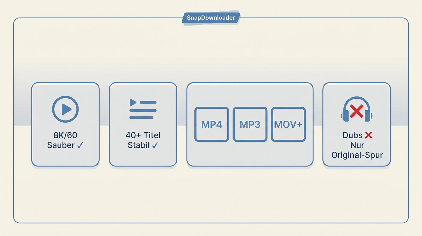 SnapDownloader Testergebnisse 2026: 8K-Muxing, Playlist-Stabilität, Ausgabeformate und fehlende Dub-