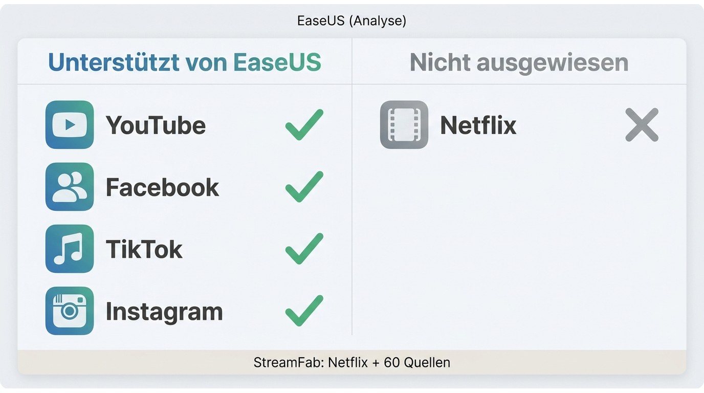 EaseUS unterstützte Quellen: YouTube, TikTok, Instagram mit Häkchen; Netflix als nicht ausgewiesen m
