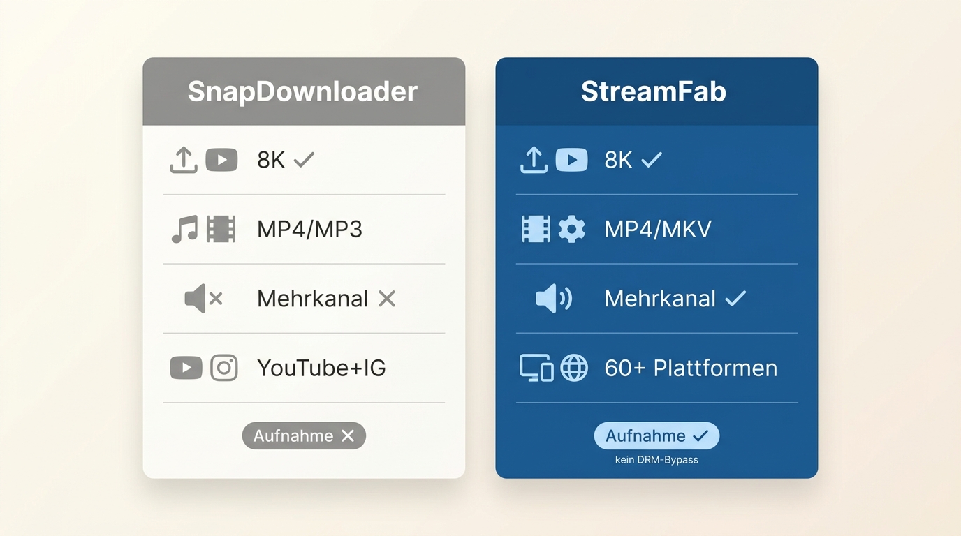 SnapDownloader und StreamFab 2026 nach Einsatzbereich, Formaten und Batch-Funktionen verglichen