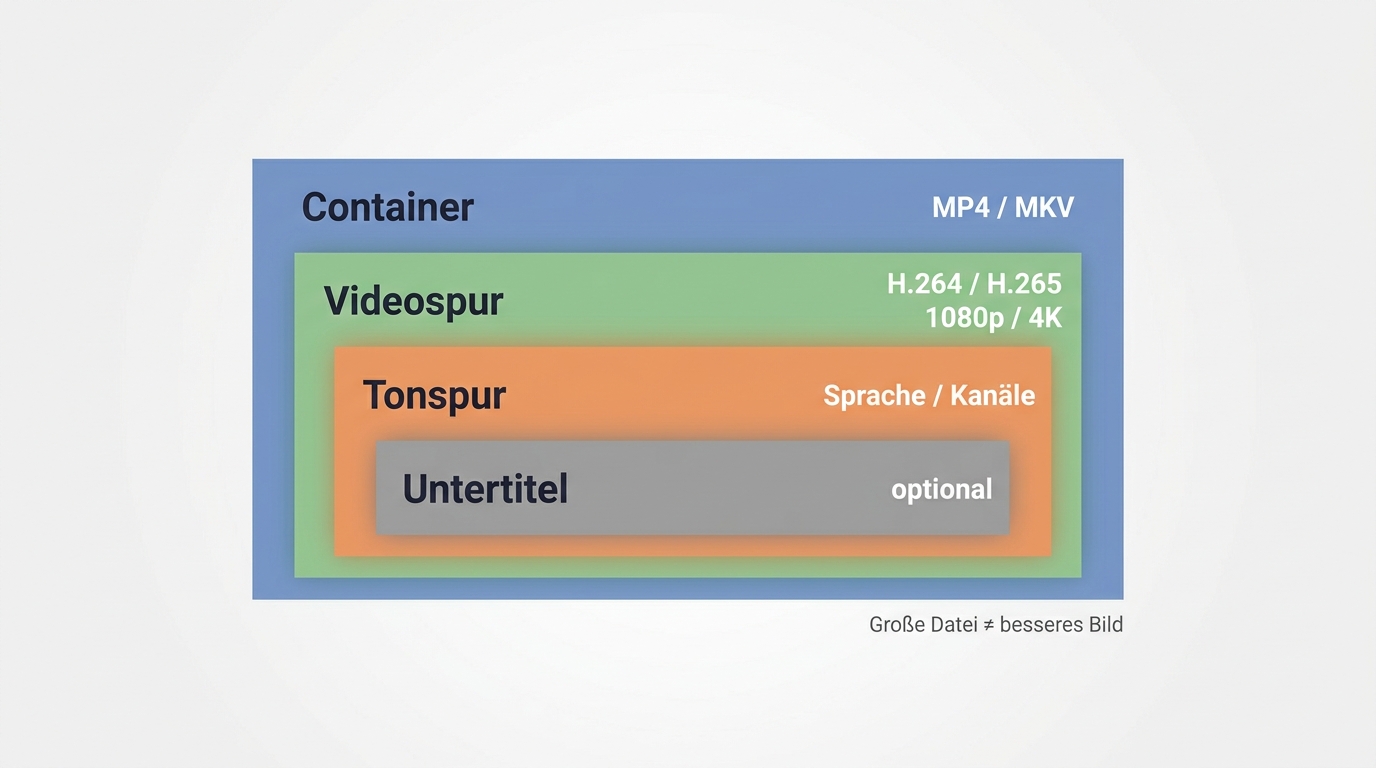 Aufbau einer Videodatei: Container MP4/MKV, Videospur mit Codec und Auflösung, Tonspur, Untertitel
