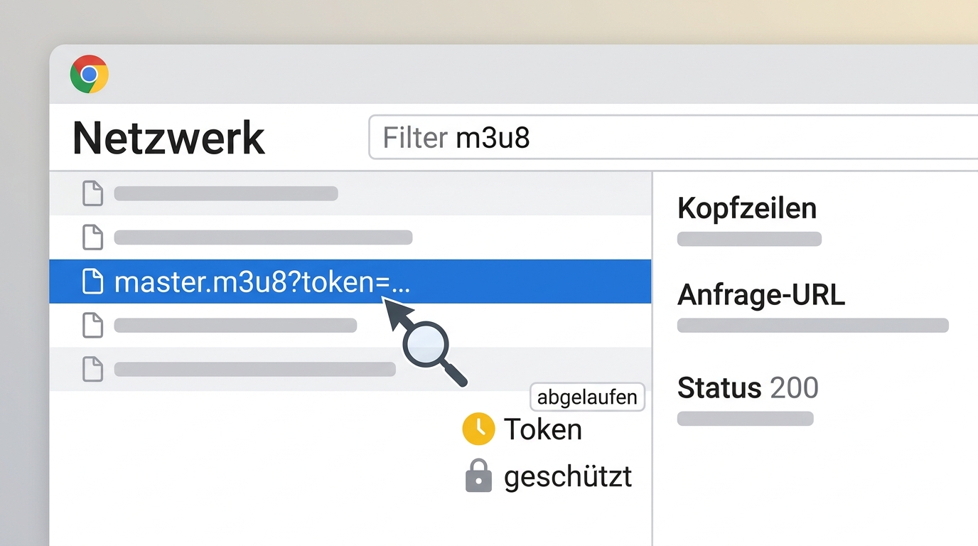 Chrome-DevTools mit M3U8-Request, Token-URL und Anfrage-Kopfzeilen