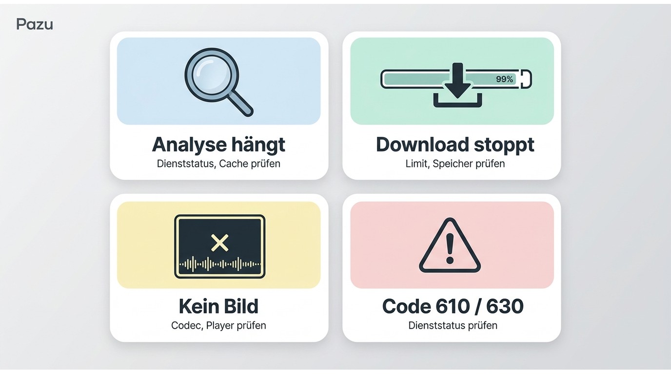 Vier typische Pazu-Fehlerbilder: Analyse hängt, Download stoppt, kein Bild und unbekannter Fehlercode