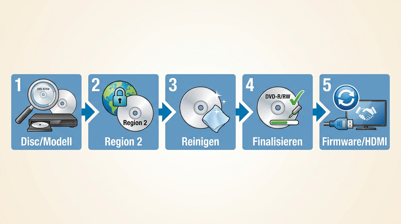 Fünf Prüfschritte bei einer DVD, die im Blu-ray-Player nicht startet.