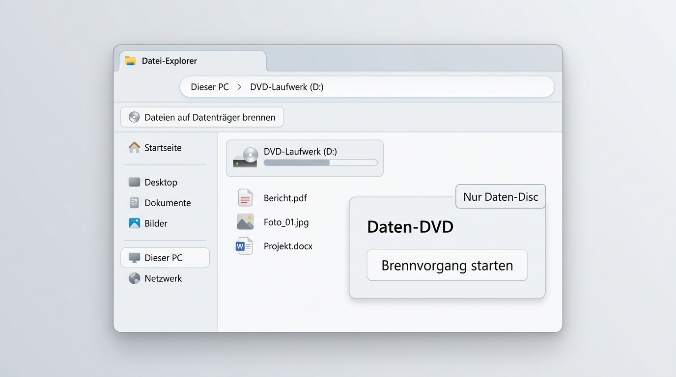 Windows 11 Explorer mit Dateien für eine Daten-DVD