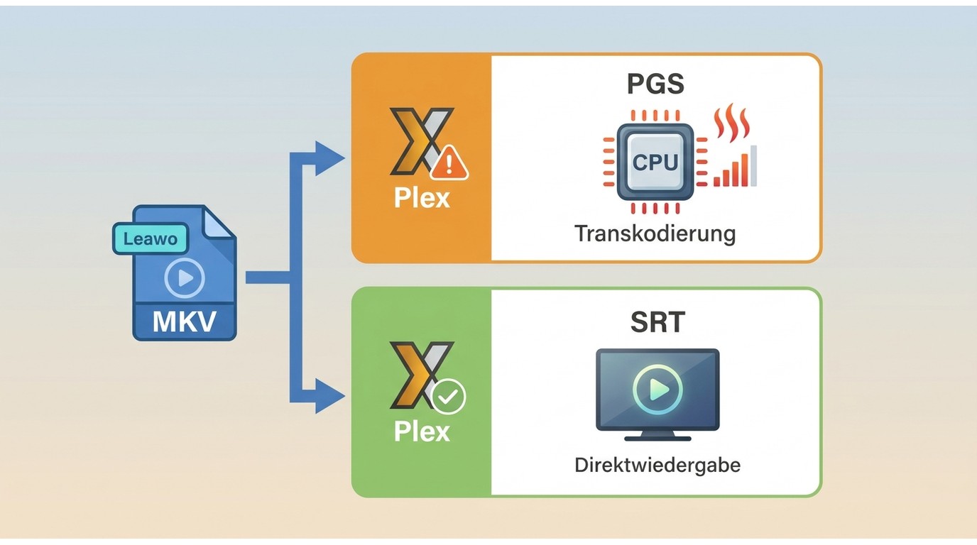 Plex transkodiert MKV-Dateien mit PGS-Untertiteln, während SRT die Direktwiedergabe ermöglicht.