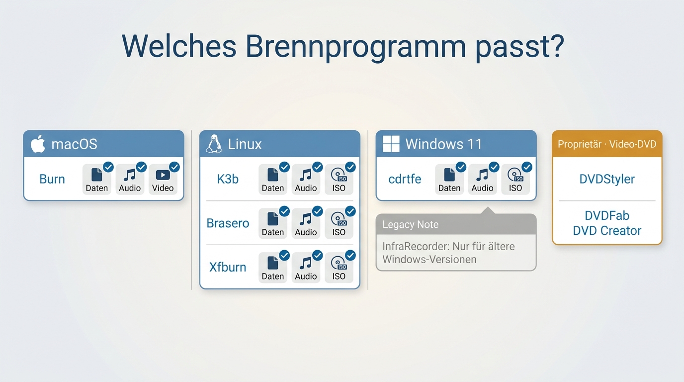 Auswahl von Brennprogrammen nach Betriebssystem und Brennziel