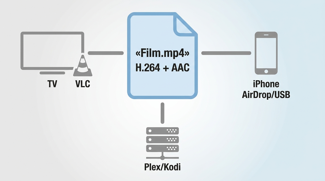 MP4-Wiedergabe auf Smart-TV, iPhone, Plex und Kodi mit H.264 und AAC.