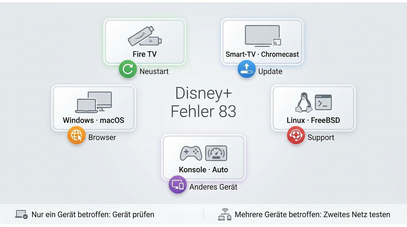 Disney+ Fehlercode 83: Ersttests für Fire TV, Smart-TV, Browser, Linux und Konsolen.