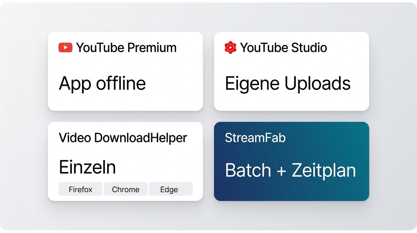 Vergleich von YouTube Premium, YouTube Studio, Video DownloadHelper und StreamFab.