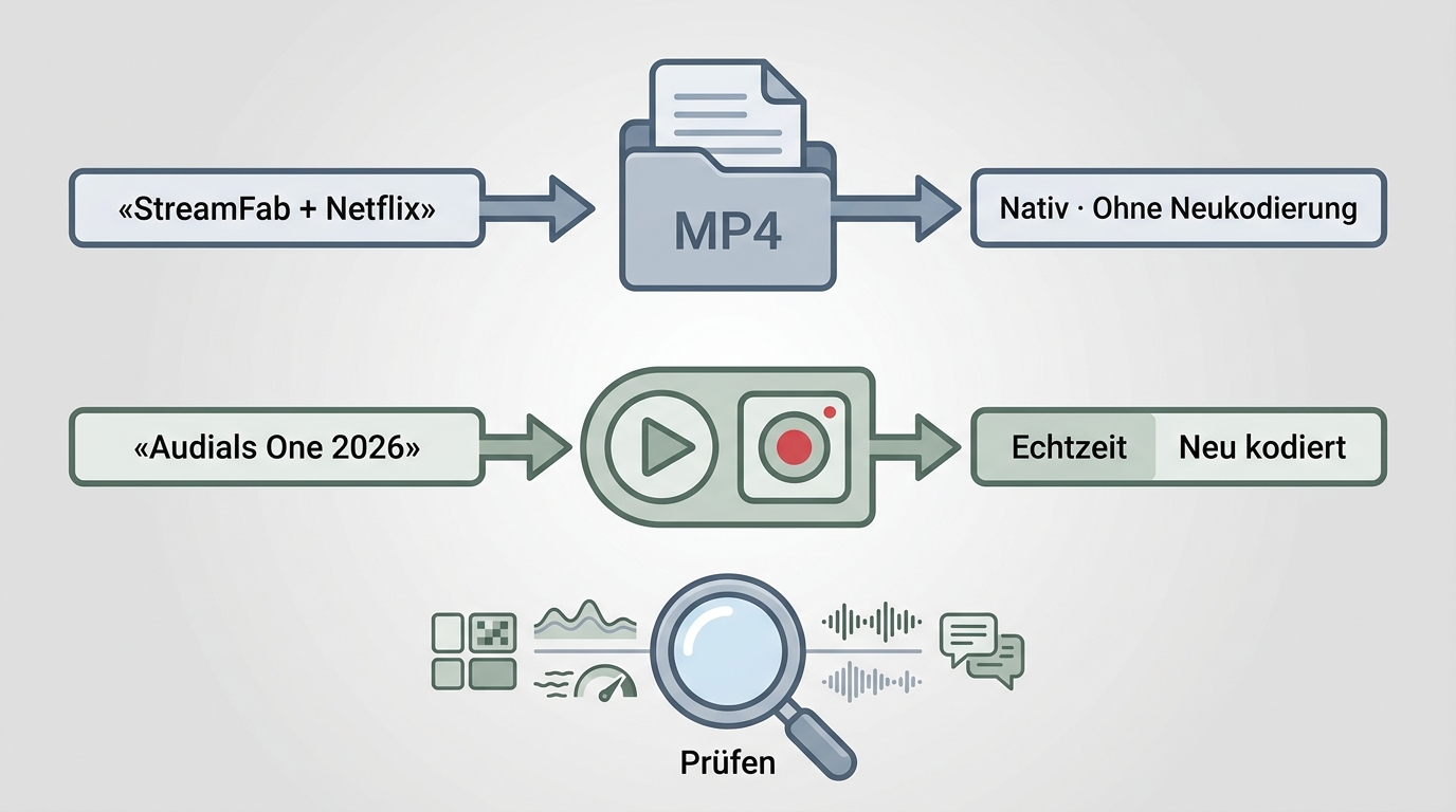 Lokale MP4-Dateiausgabe und Audials-Aufnahme im Vergleich von Qualität und Zeitaufwand.