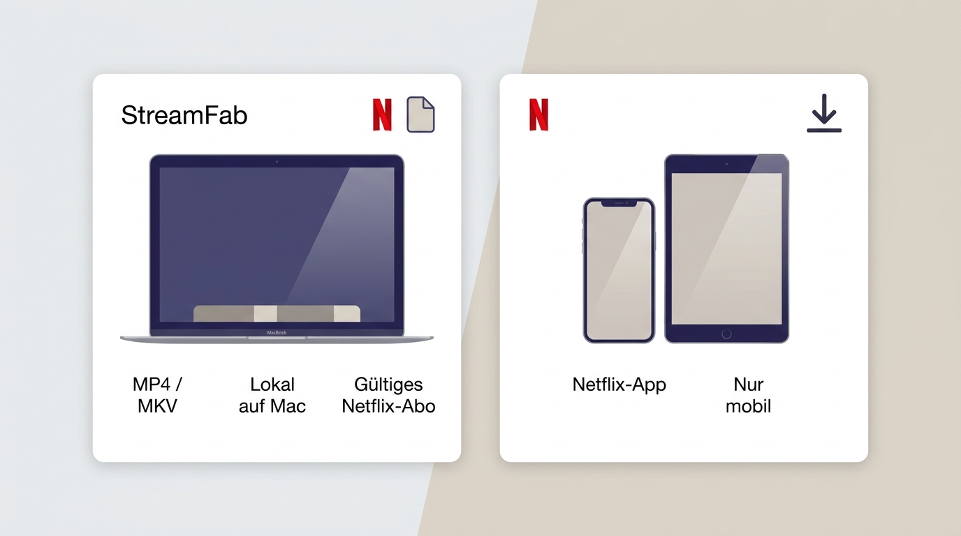 StreamFab speichert lokale Netflix-Dateien auf dem Mac, offizielle Downloads bleiben auf unterstützten Mobilgeräten.