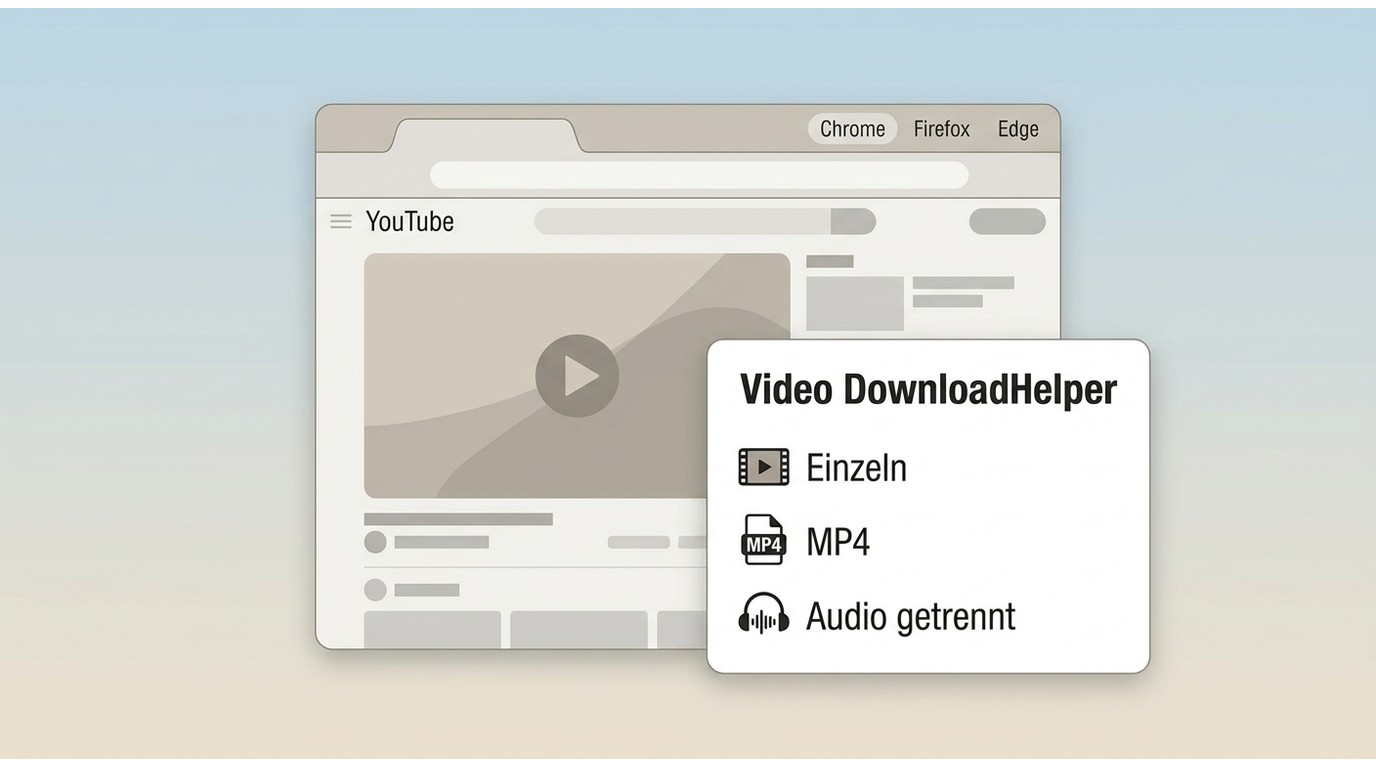 Video DownloadHelper im Browser mit MP4-Auswahl und Hinweis zu getrennten Tonspuren.