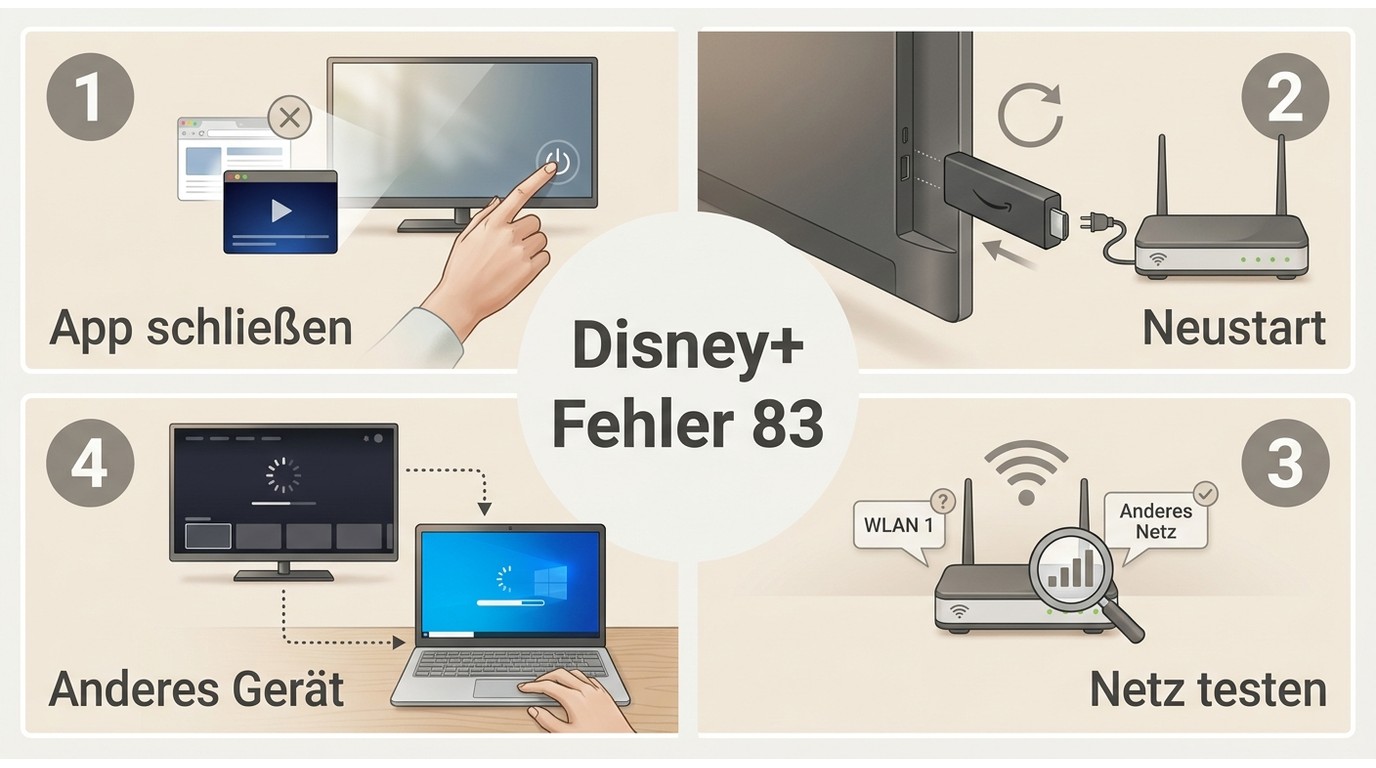 Vier Schritte bei Disney+ Fehlercode 83: schließen, neu starten, Netz prüfen und Gerät vergleichen.