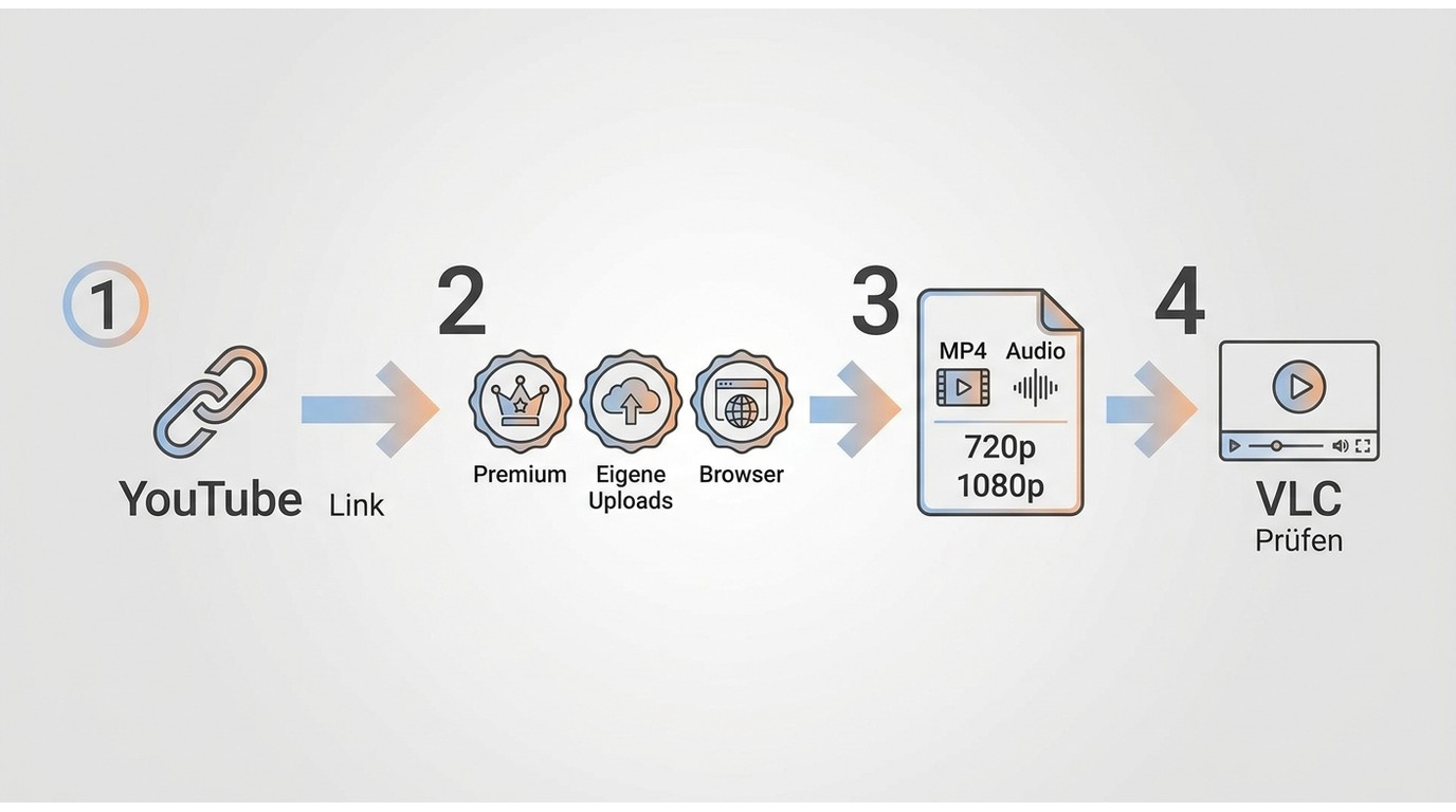 Ablauf für autorisierte YouTube-Downloads mit MP4, Tonspur und Dateiprüfung.