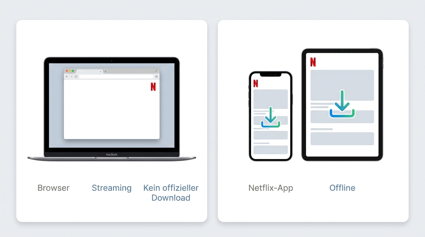 Netflix läuft auf dem Mac im Browser, Offline-Downloads funktionieren auf unterstützten Mobilgeräten.
