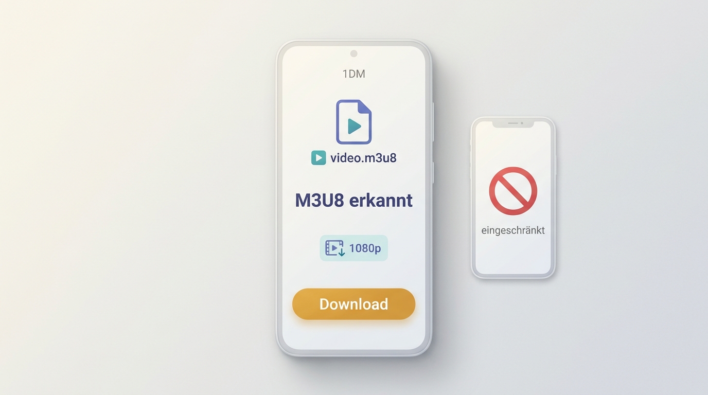 1DM auf Android erkennt eine offene M3U8-Wiedergabeliste und bietet Downloadoptionen an.