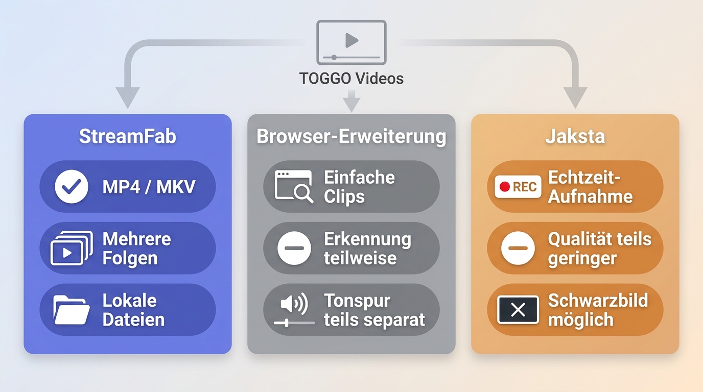 Vergleich von StreamFab, Browser-Erweiterungen und Jaksta für TOGGO-Downloads.