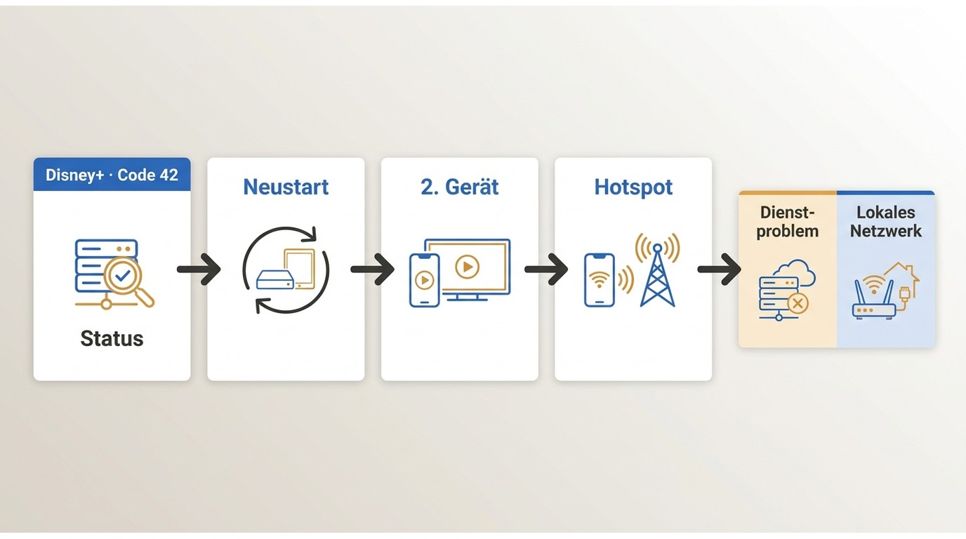 Entscheidungsweg für Disney+ Fehlercode 42 mit Dienst-, Geräte-, Hotspot- und DNS-Tests.