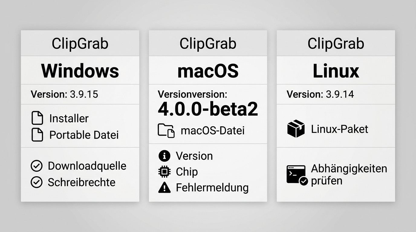 ClipGrab-Versionen und Prüfpunkte für Windows, macOS und Linux im August 2026.