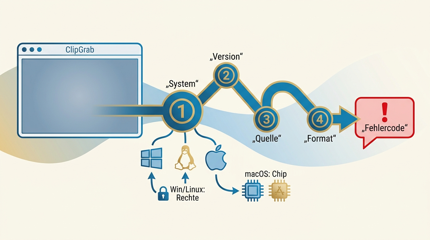 ClipGrab-Fehlersuche nach System, Version, Quelle, Format und Fehlermeldung.