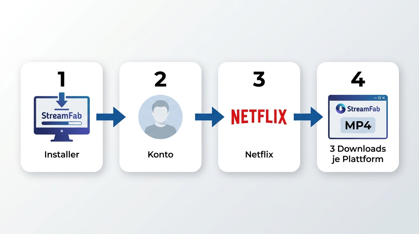 Ablauf der StreamFab-Testversion mit Anmeldung, Netflix-Auswahl und drei MP4-Downloads.