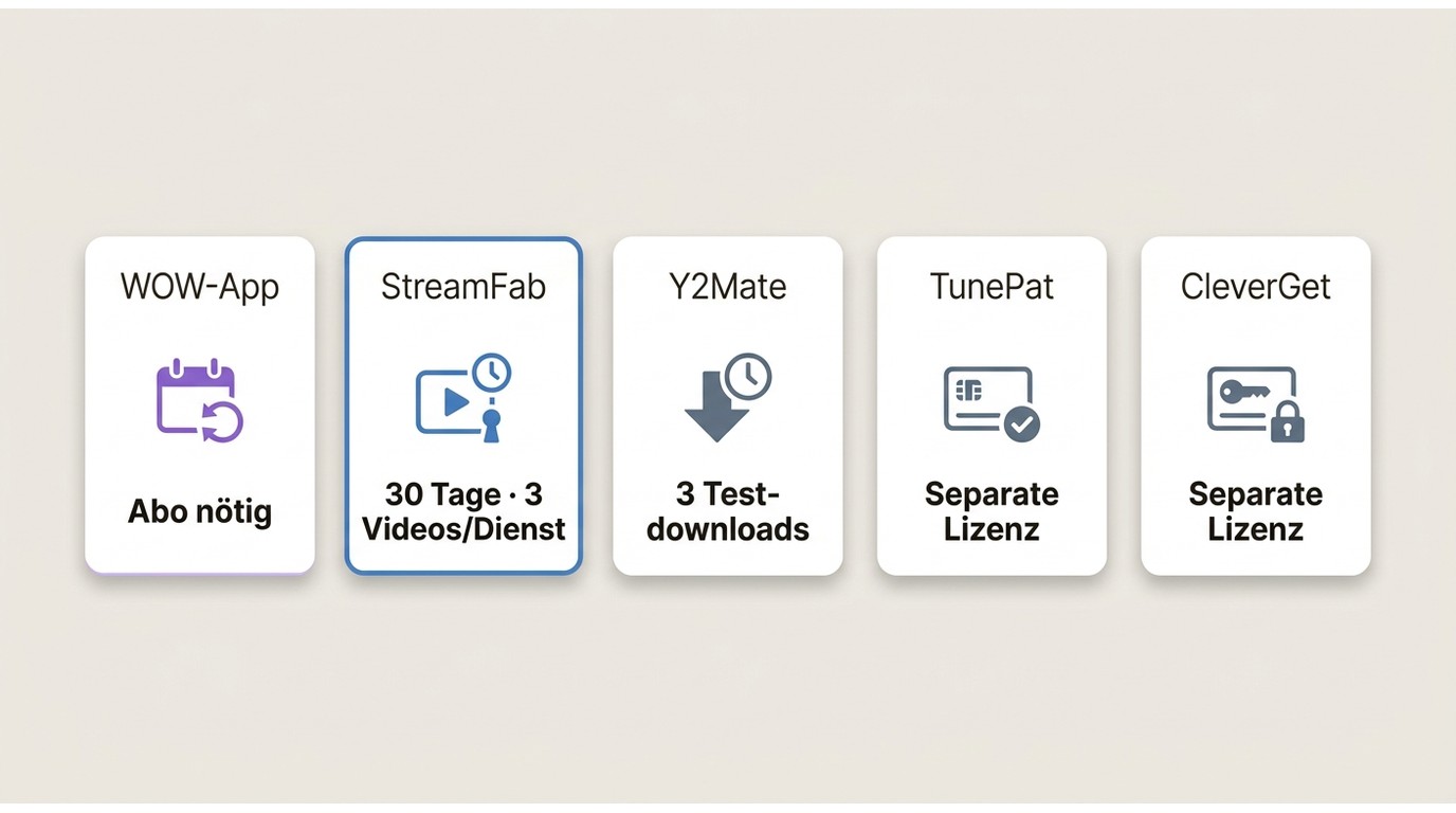 Testmöglichkeiten und Lizenzmodelle von WOW-App, StreamFab, Y2Mate, TunePat und CleverGet