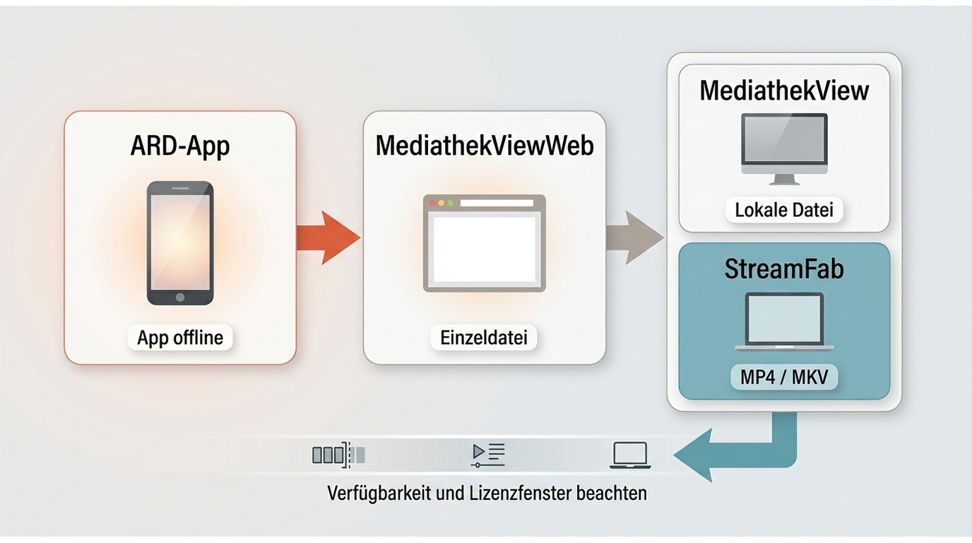 ARD-App, MediathekViewWeb und StreamFab für WDR-Downloads mit ihren Speicherwegen