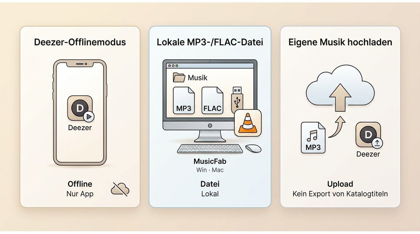 Unterschied zwischen Deezer-Offlinemodus, lokalen MP3- und FLAC-Dateien sowie Musik-Upload.