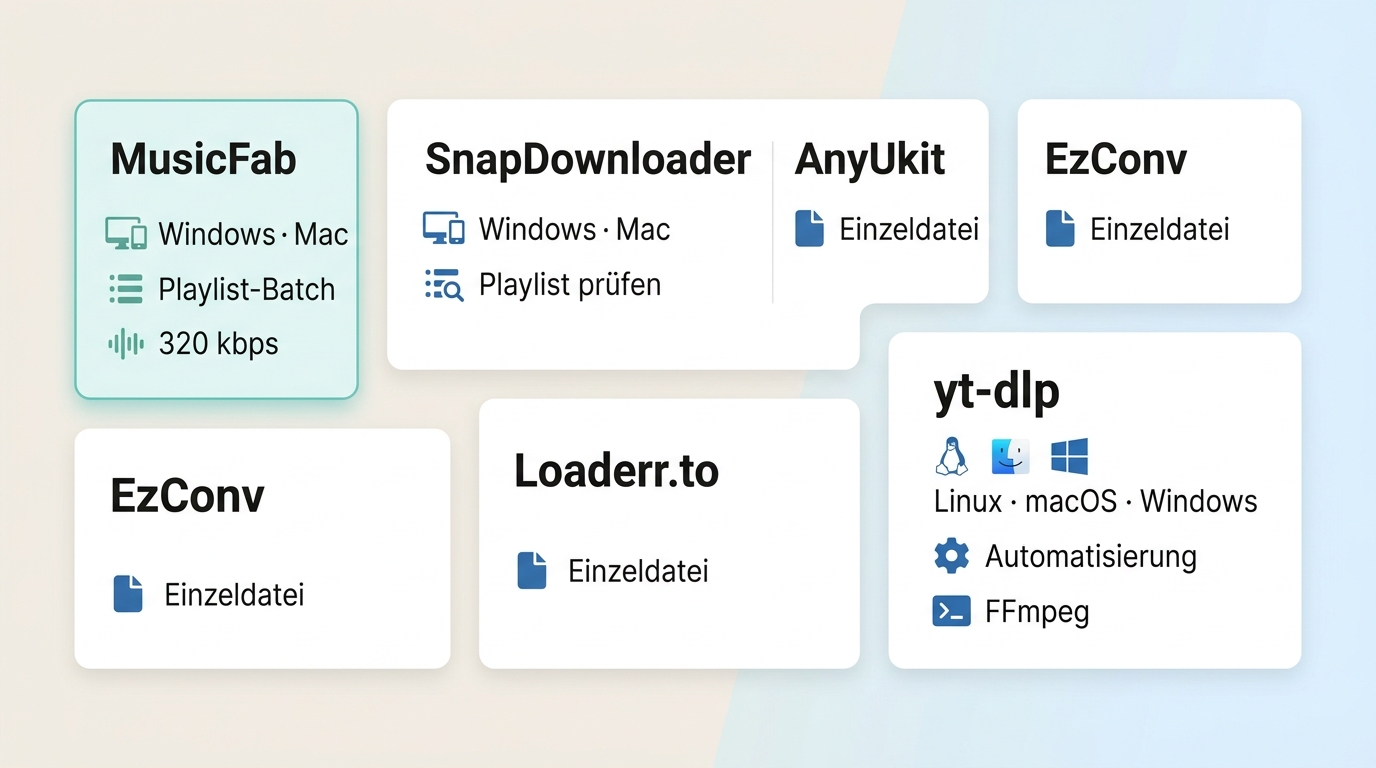 Vergleich von MusicFab, SnapDownloader, AnyUkit, EzConv, Loaderr.to und yt-dlp für Playlists.