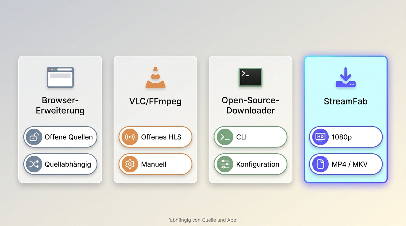 Vergleich von Browser, VLC/FFmpeg, Open-Source-Downloader und StreamFab für HLS.