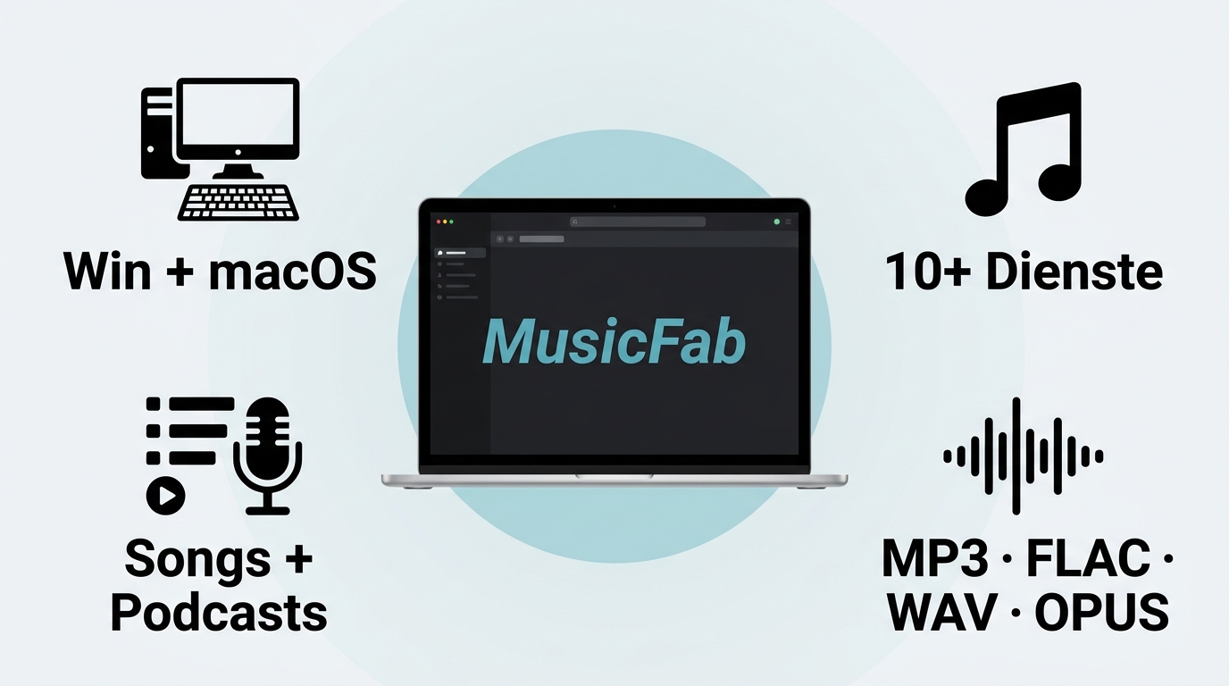MusicFab unterstützt mehrere Musikdienste, Formate und Windows sowie macOS.