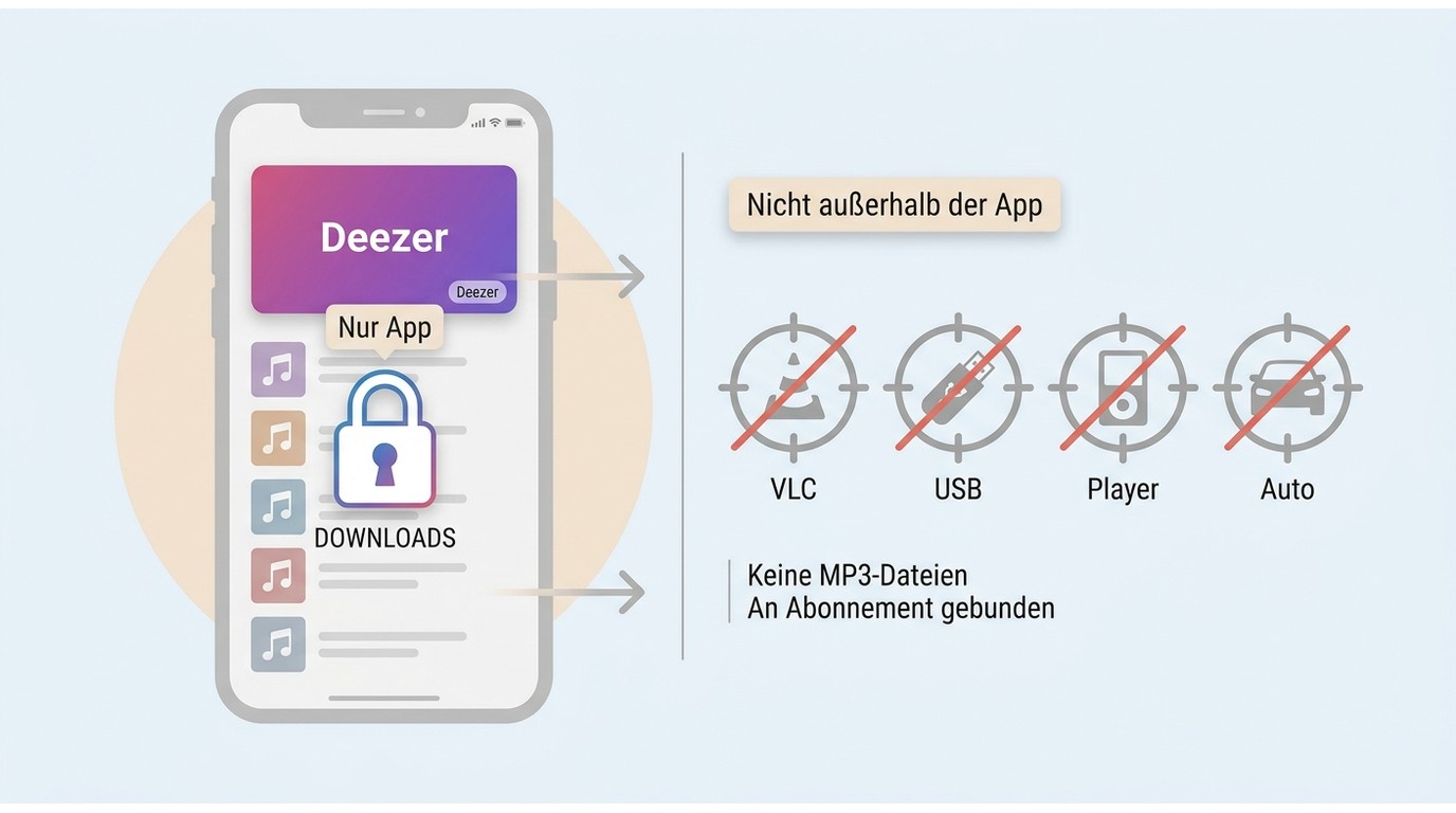 Deezer-Offlineinhalte bleiben in der App und funktionieren nicht in VLC oder auf USB-Sticks.