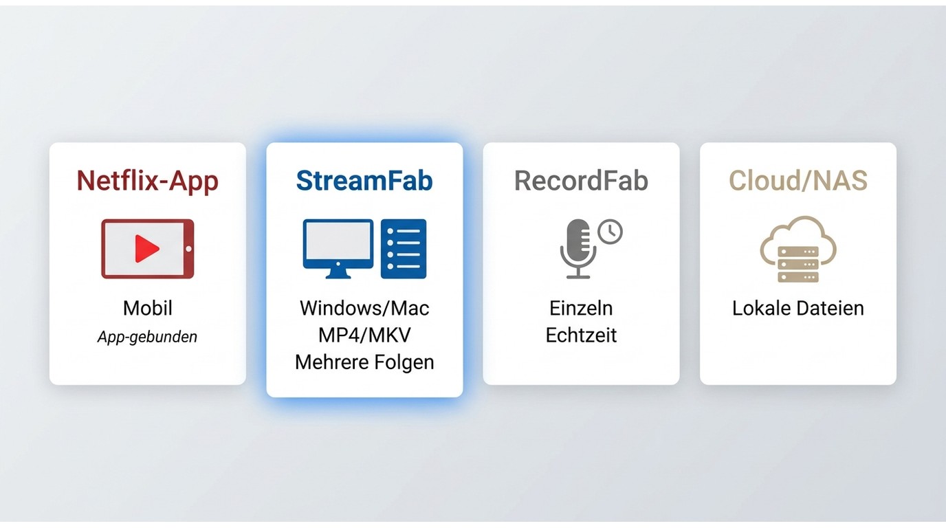 Vergleich von Netflix-App, StreamFab, RecordFab und Cloud-Sicherung
