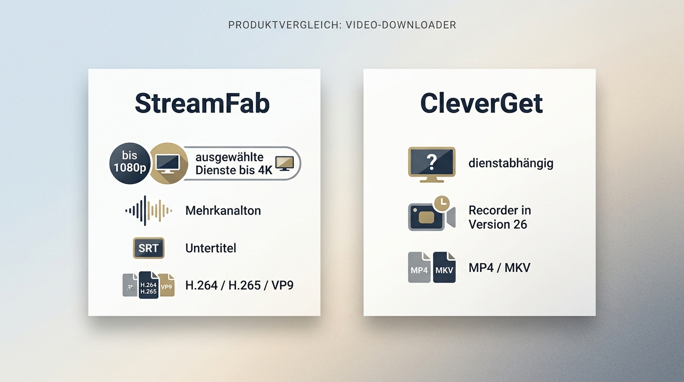 CleverGet vs StreamFab Vergleich bei Videoqualität Audio Format und Untertiteln
