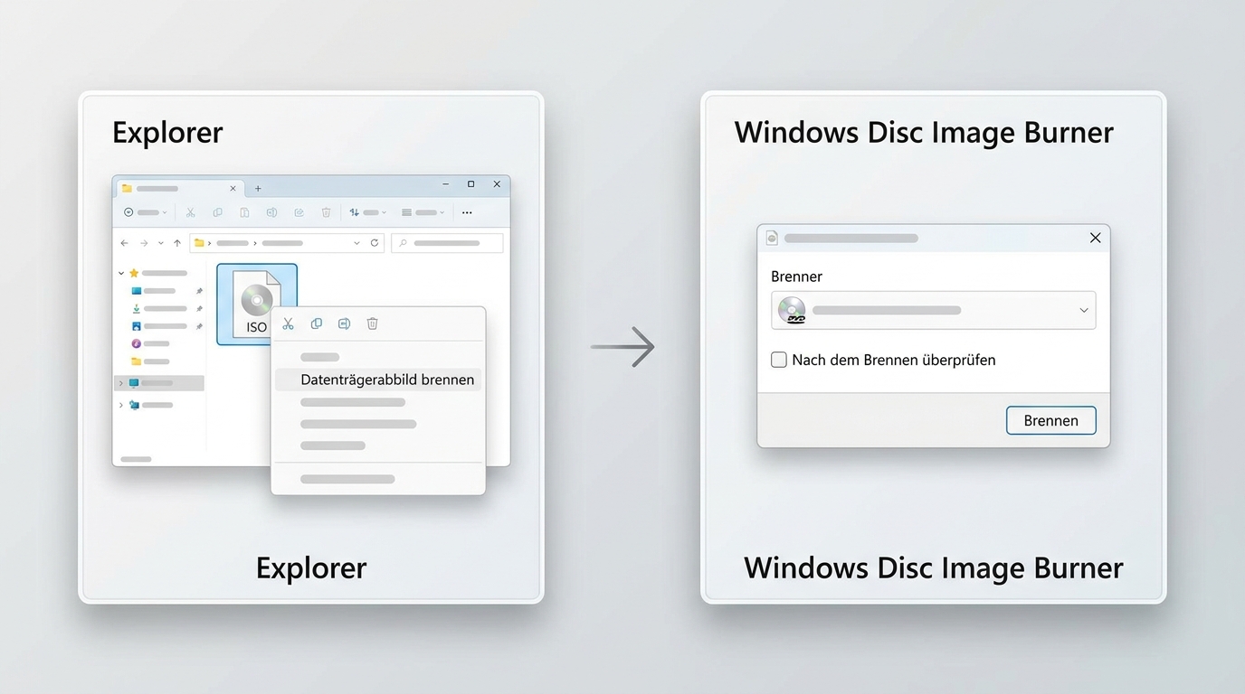 Windows 11 zeigt das ISO-Kontextmenü und den Dialog zum Brennen eines Datenträgerabbilds