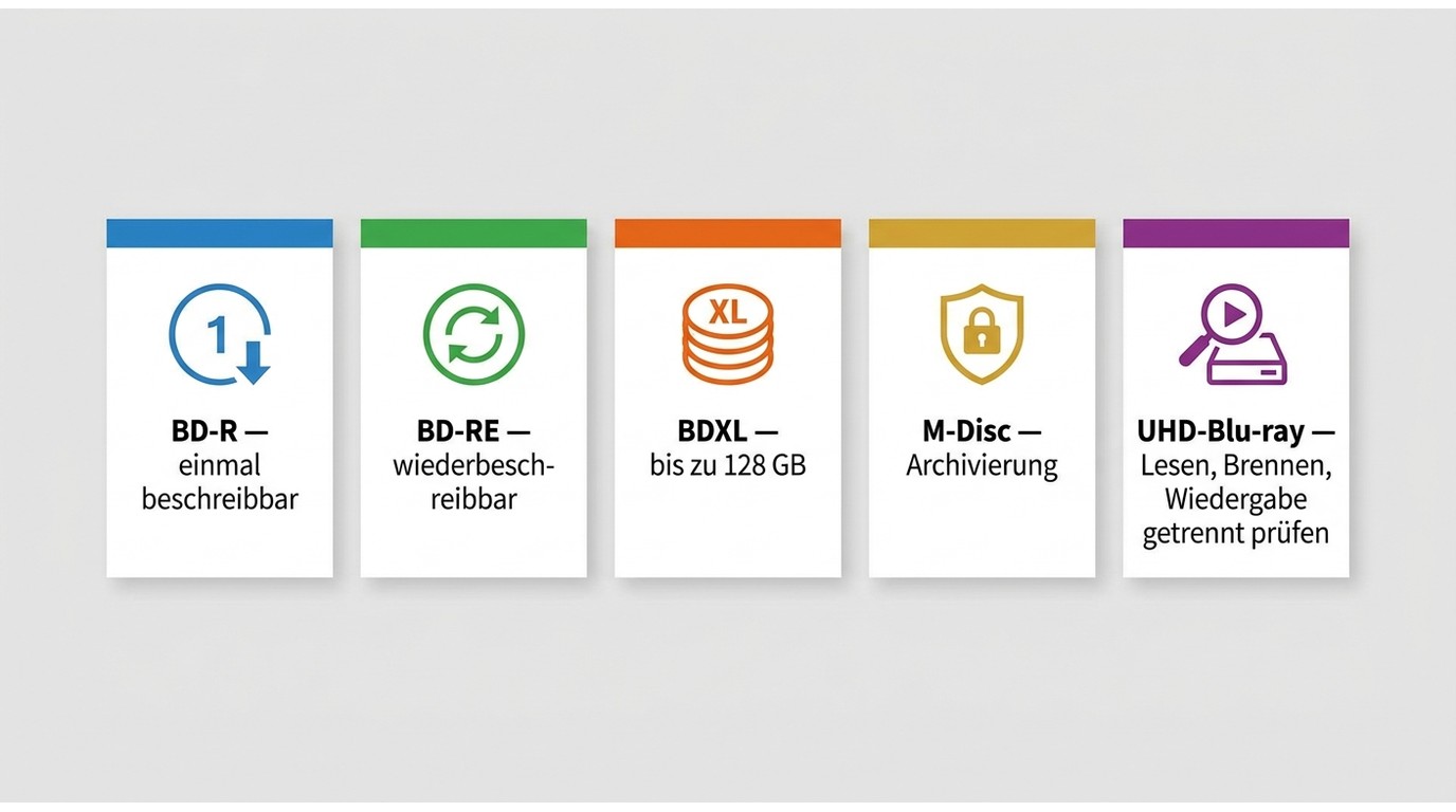 BD-R, BD-RE, BDXL, M-Disc und UHD-Blu-ray im Vergleich