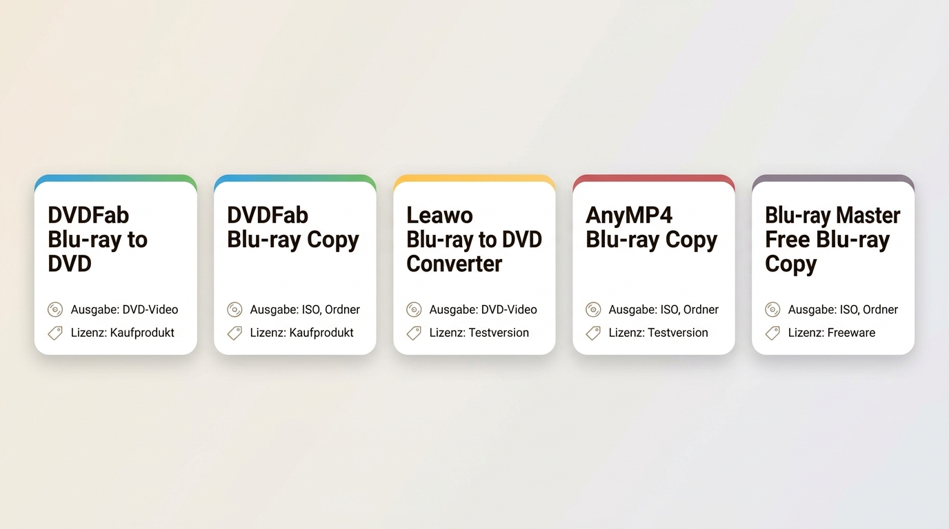 Vergleich von DVDFab, Leawo, AnyMP4 und Blu-ray Master nach Ausgabeziel und Lizenz.