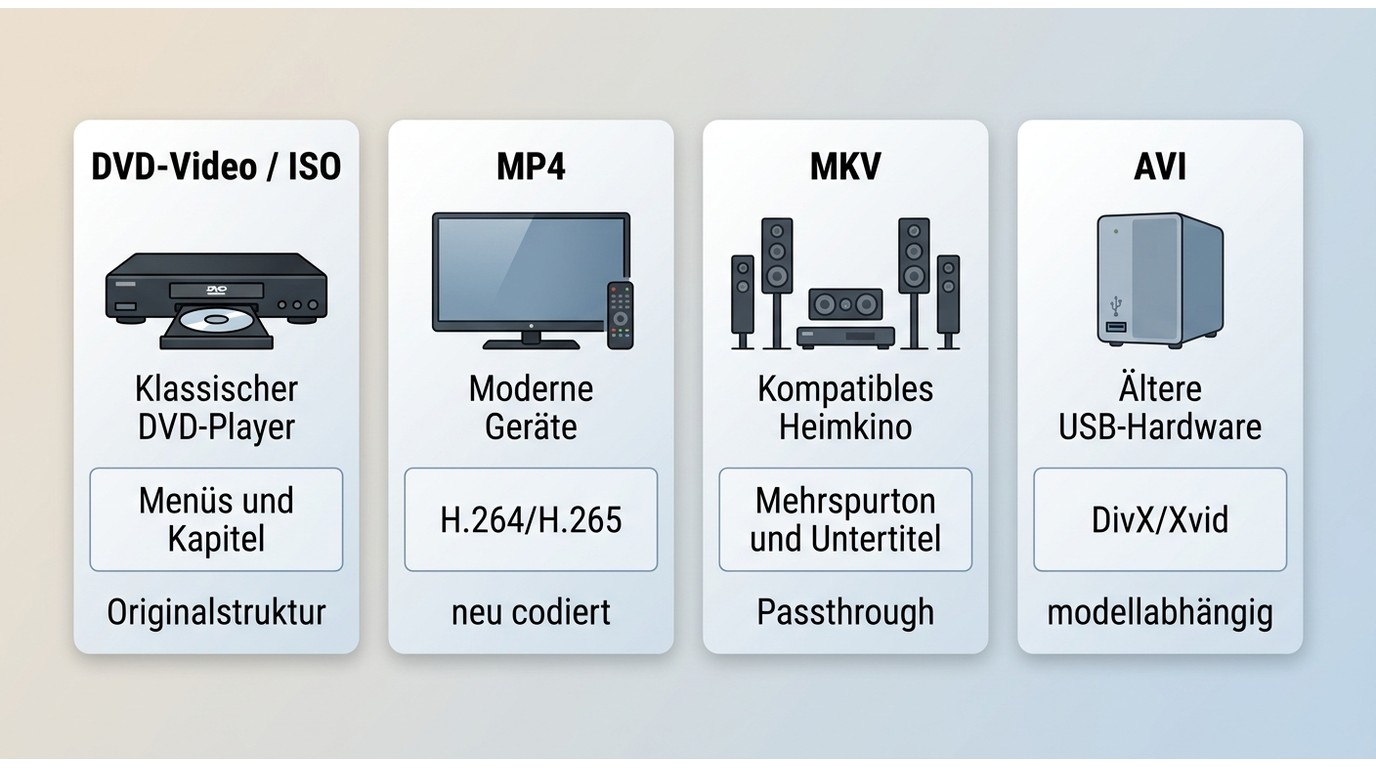 Vergleich von DVD-Video, MP4, MKV und AVI nach Wiedergabeziel