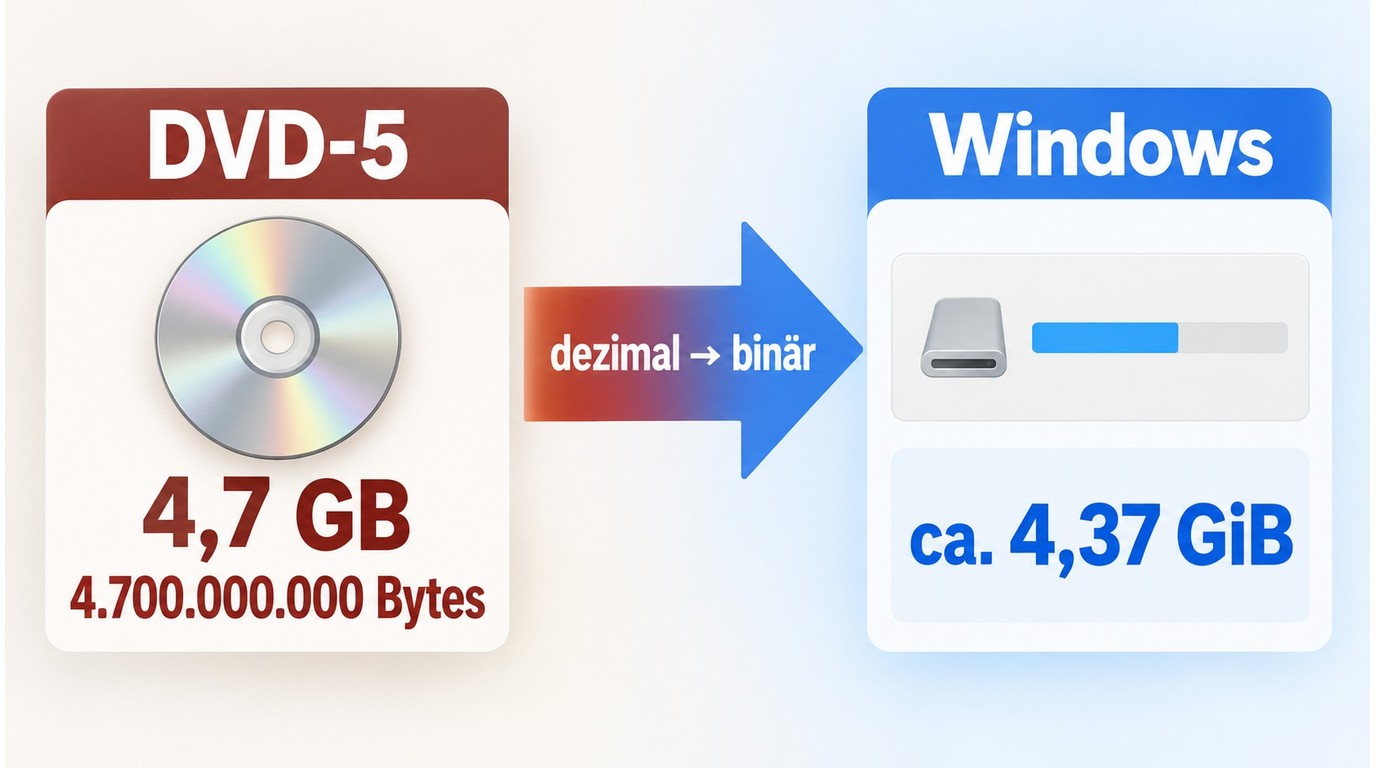 Warum eine DVD-5 mit 4,7 GB am Computer nur etwa 4,37 GiB zeigt
