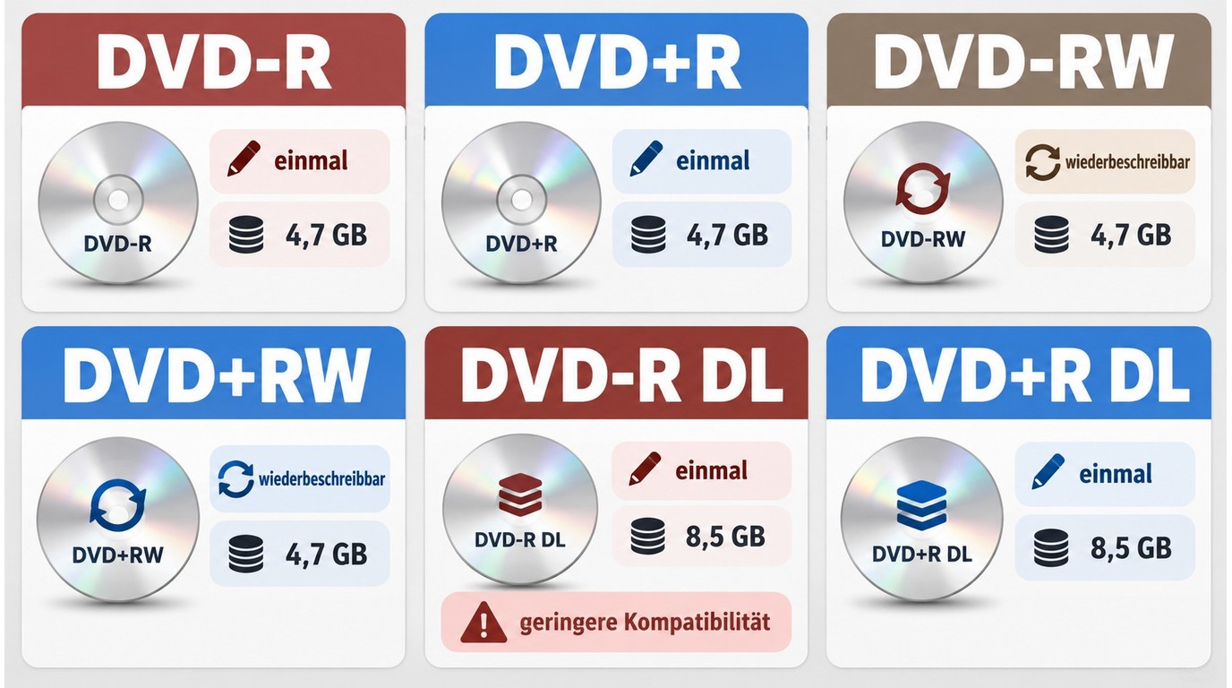 Vergleich von DVD-R, DVD+R, DVD-RW, DVD+RW und DL-Formaten