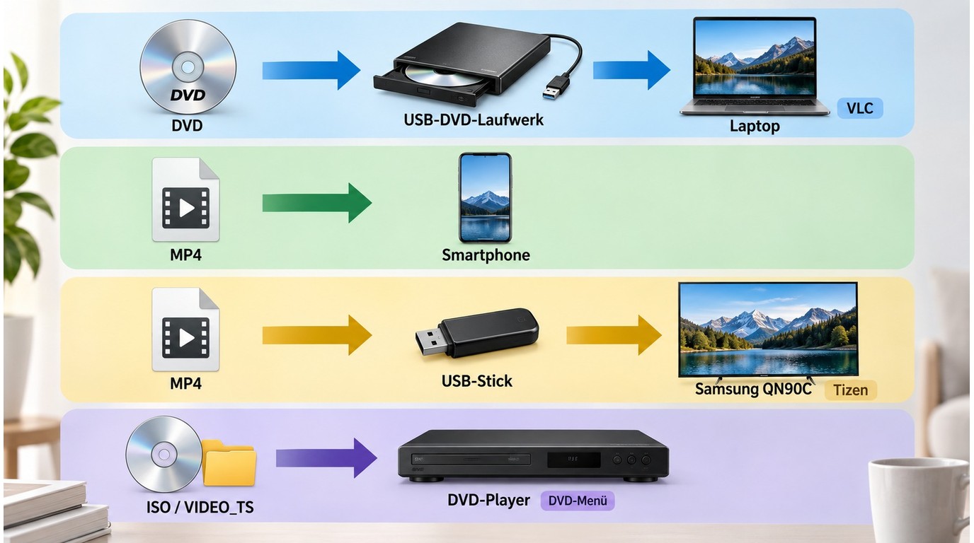 Nutzungspfade von DVD, MP4 und ISO auf Laptop, Smartphone und Smart-TV