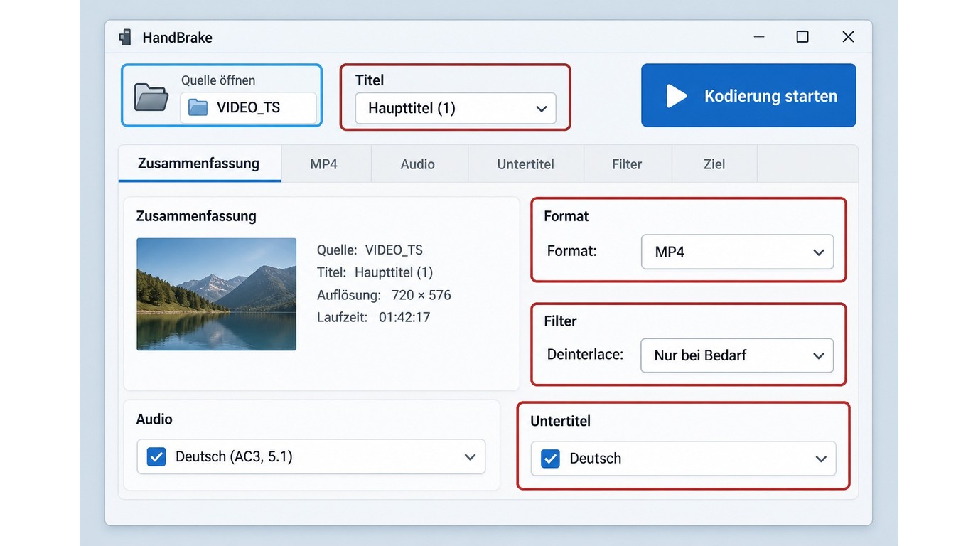 HandBrake mit VIDEO_TS-Quelle, MP4-Ausgabe und Deinterlace-Einstellungen