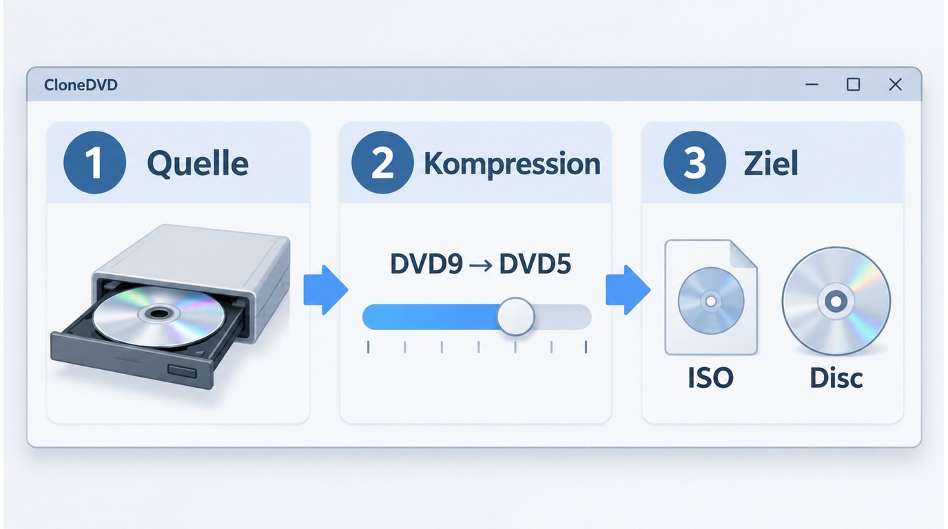 CloneDVD-Ablauf von der DVD-Auswahl über Kompression bis zum Ausgabeziel