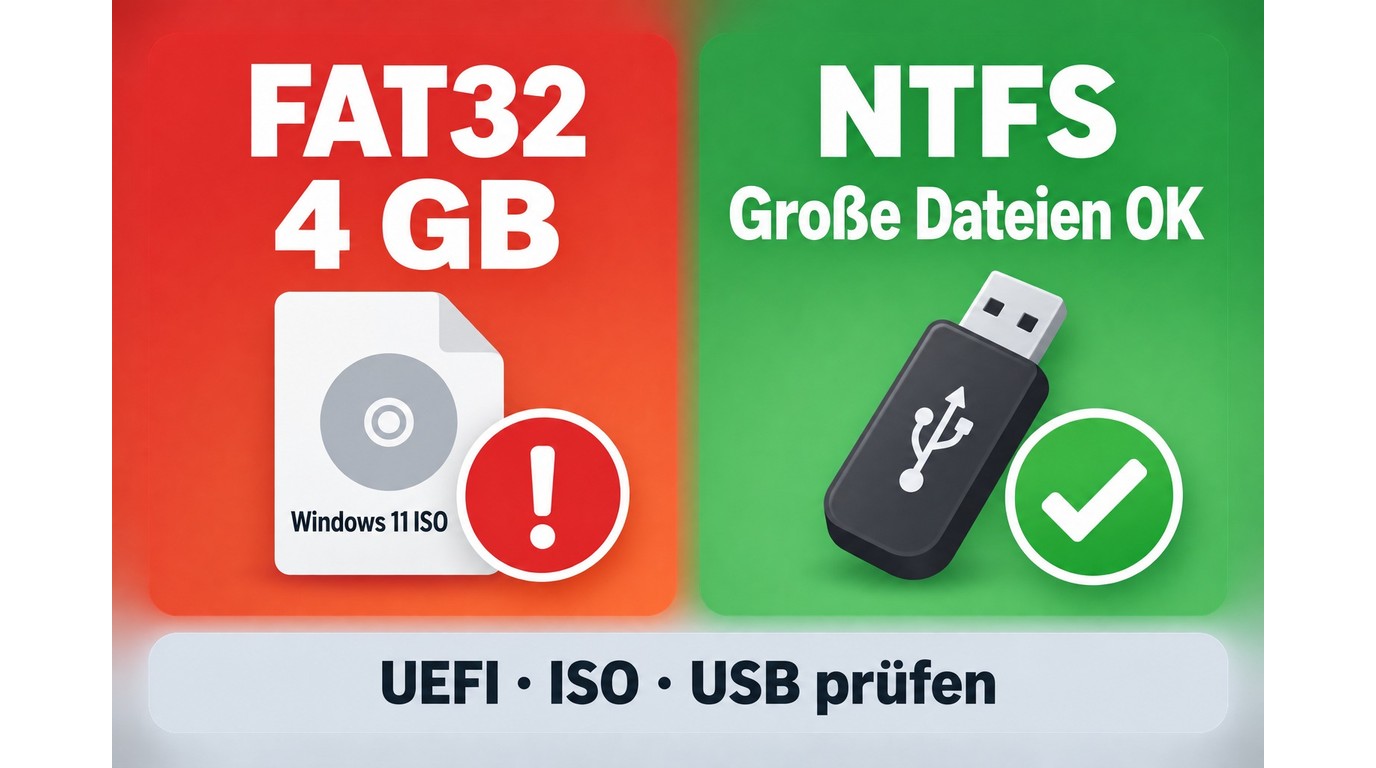 FAT32 begrenzt Windows-11-ISO-Dateien auf 4 GB, NTFS unterstützt größere Dateien