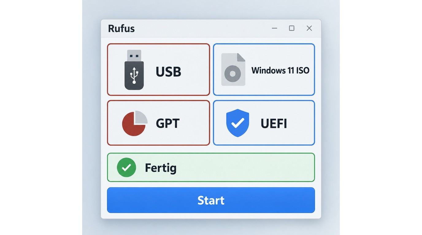 Rufus mit Windows-11-ISO, GPT für UEFI und abgeschlossenem Schreibvorgang