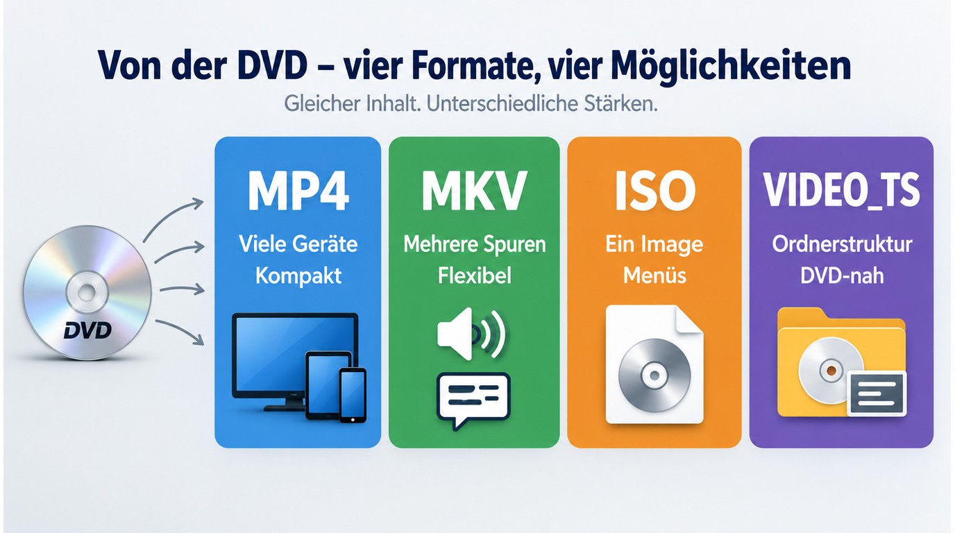 MP4, MKV, ISO und VIDEO_TS im Vergleich nach Kompatibilität und DVD-Struktur.