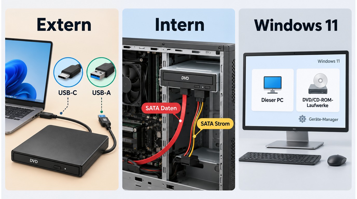 DVD-Laufwerk per USB oder SATA anschließen und in Windows 11 prüfen