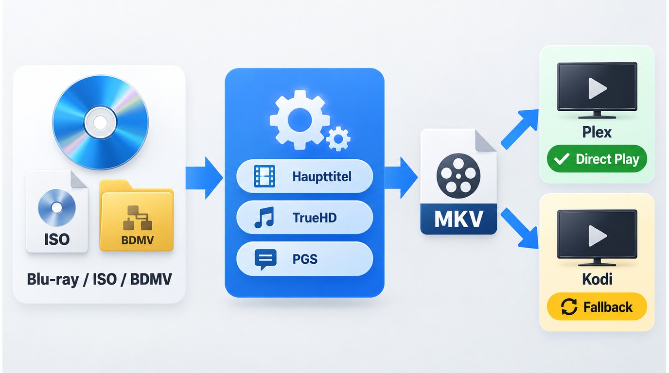 Ablauf von Blu-ray-Quelle über Haupttitel und Spuren bis zur MKV-Datei.