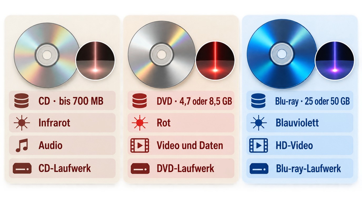 Vergleich von CD, DVD und Blu-ray nach Kapazität, Laser und Wiedergabe